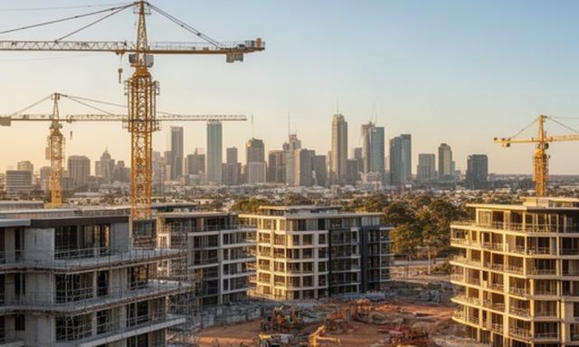 Perth skyline beyond new apartment construction at late afternoon